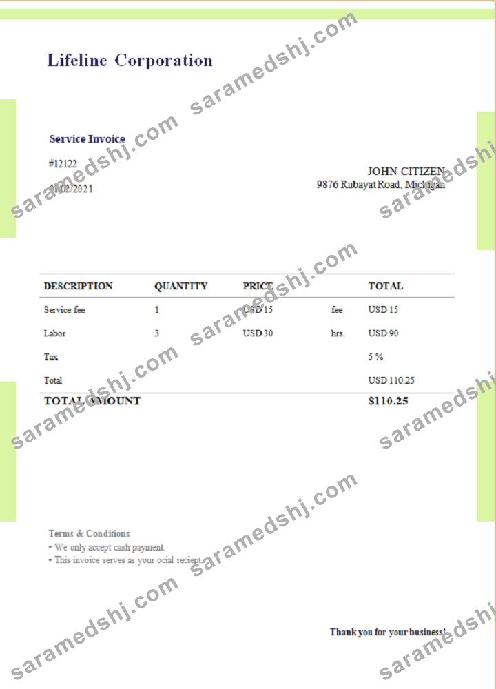 USA Lifeline Corporation invoice template in Word and PDF format, fully editable, version 1